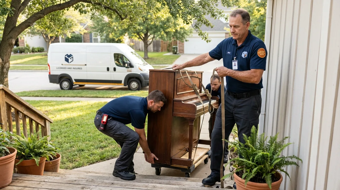 Licensed piano movers securing grand piano in Norway, MI