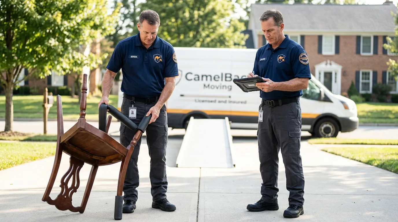 Movers inspecting furniture for damage prevention before loading in Norway, MI
