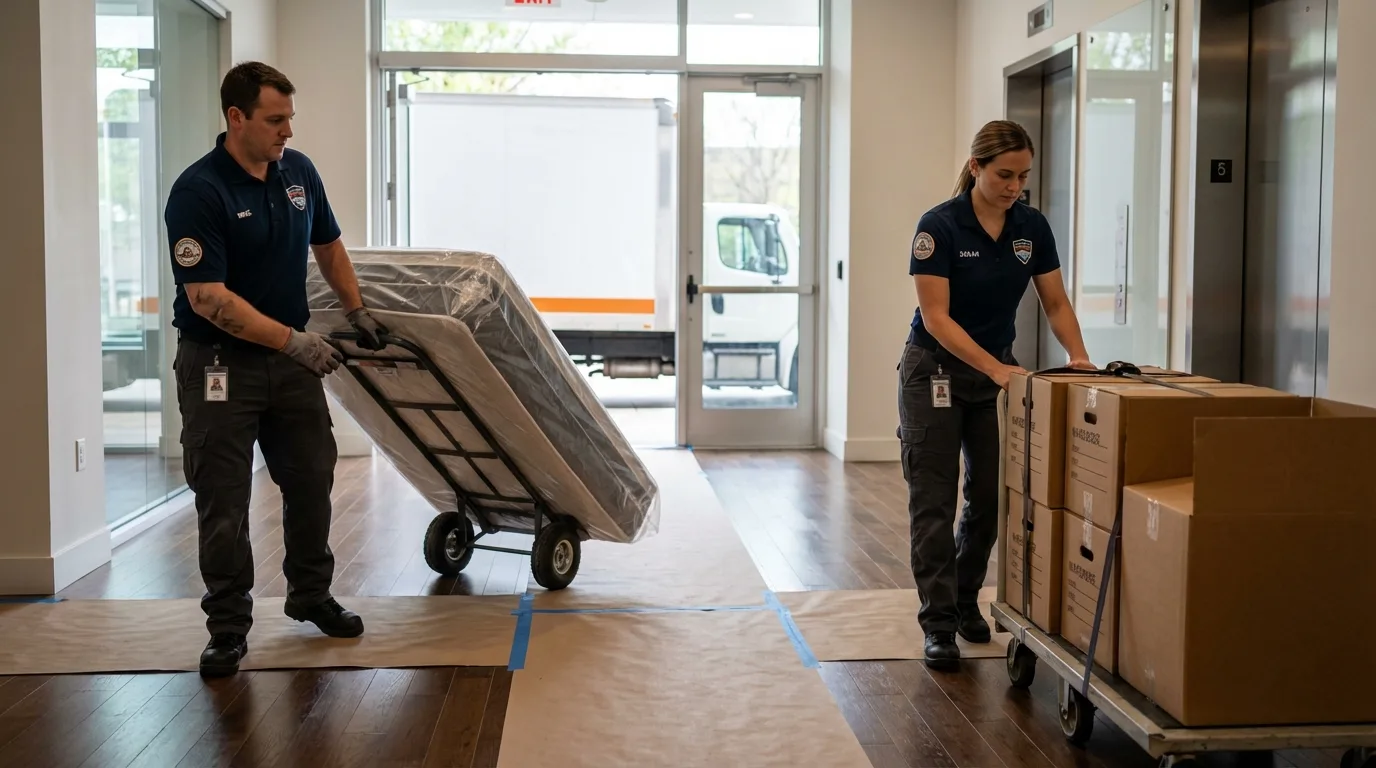 Professional apartment movers loading elevator in Norway, MI