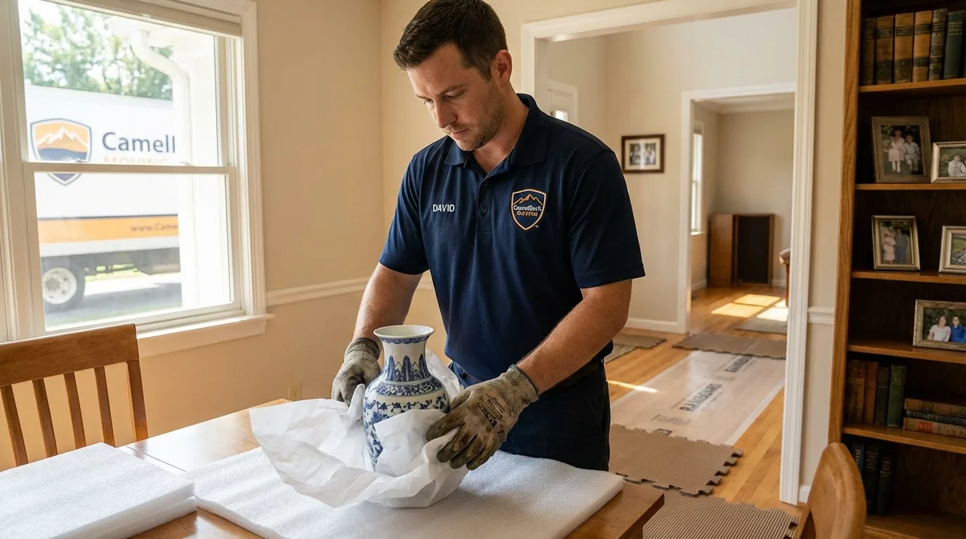 Professional crew carefully wrapping antique vase for senior downsizing move in Norway, MI