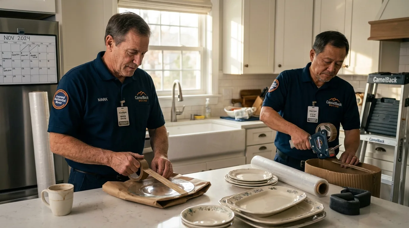 Professional crew packing kitchen dishware in Norway, MI